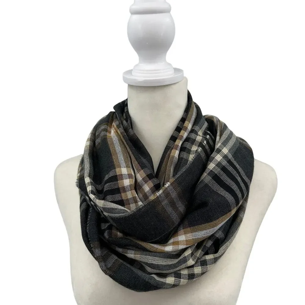 Cashmaire Scarf Black/Tan Plaid Classic Fringe Soft Cozy Wrap Preppy Minimalist